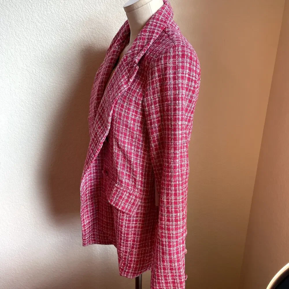 Fate Tweed Magenta Pink plaid Blazer womens Medium Jacket NEW barbie casual work